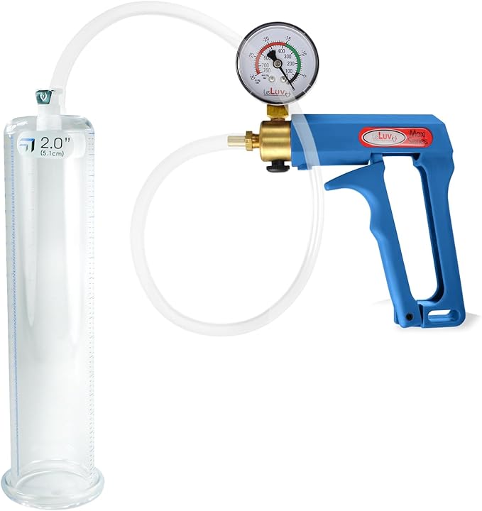 LeLuv Penis Pump Maxi Blue Handle with Gauge, Clear Hose - 9 inch Length x 2 inch Diameter Cylinder
