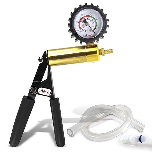 LeLuv Ultima Brass Vacuum Pump Handle - Gauge Installed with Protective Rubber Cover - Black Rubber Padded Grips, Clear Hose & Male O-Ring Fitting
